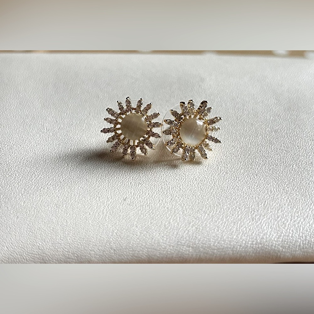 Gold Pearl Sunburst Stud Earrings | CZ Starburst | Bridal & Everyday Elegance